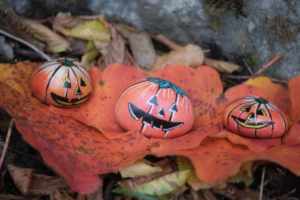 Halloween Hand Painted Stone Pumpkins Autumnal Red Leaves — Stock Photo, Image