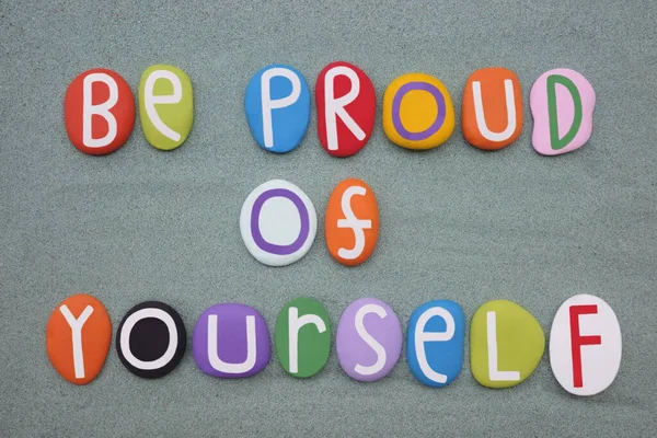 Seja Orgulhoso Mesmo Slogan Motivacional Composto Com Letras Pedra Multicoloridas — Fotografia de Stock