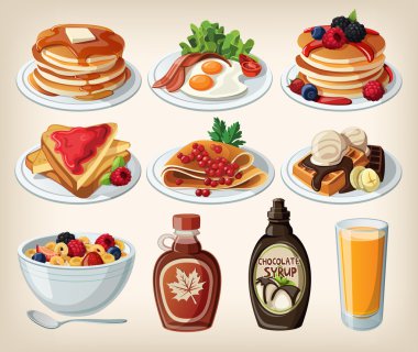 Classic breakfast cartoon set with pancakes, cereal, toasts and waffles clipart