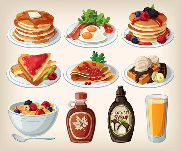 Petit déjeuner classique avec crêpes, céréales, toasts et gaufres — Image vectorielle