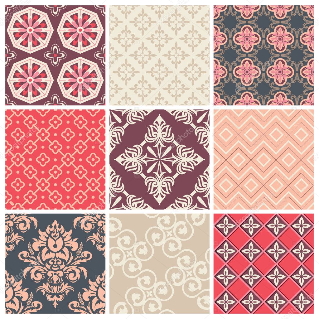 Set of nine colorful seamless patterns for backgrounds and wallpapers