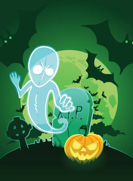 Halloween poster met ghost in de buurt van graf en jack-o-lantern — Stockvector