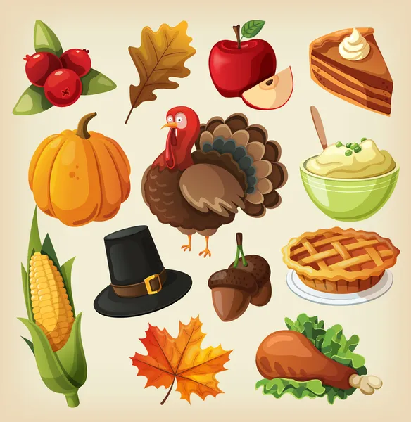 Set of colorful cartoon icons for thanksgiving day. — Stock Vector