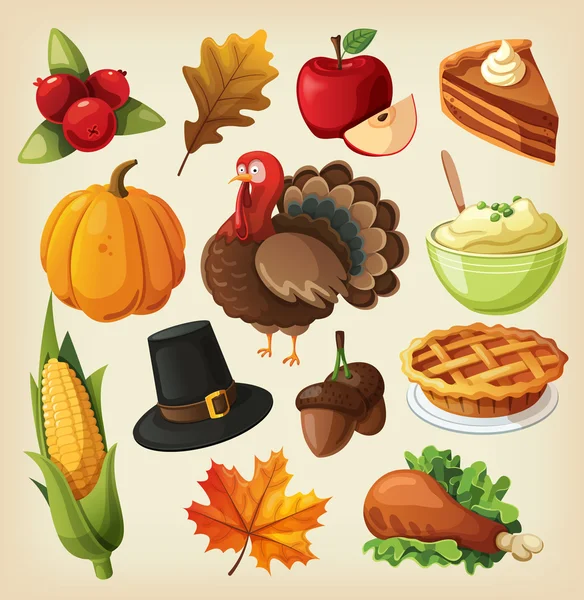 Set ikon kartun berwarna-warni untuk hari Thanksgiving . - Stok Vektor