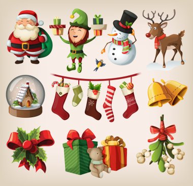 Set of colourful christmas characters and decorations clipart