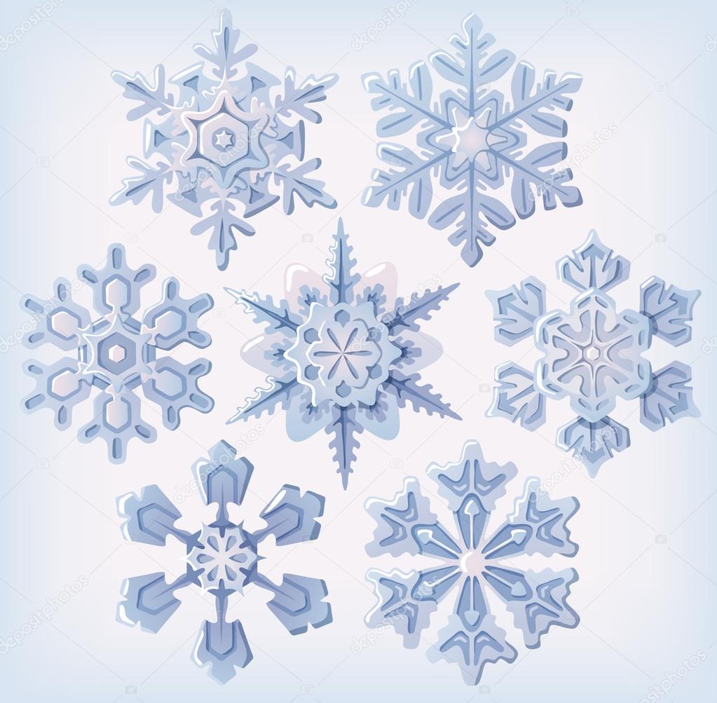 Set of ornate three dimensional snowflakes icons.