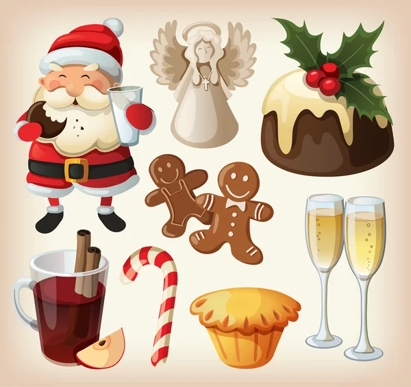Conjunto de comida festeve y decoraciones para mesa de Navidad — Vector de stock