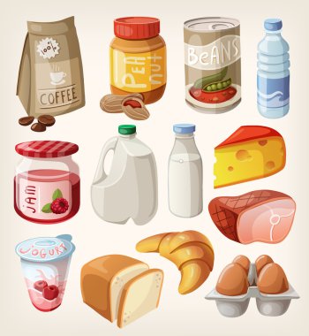 Collection of food and products that we buy or eat every day.