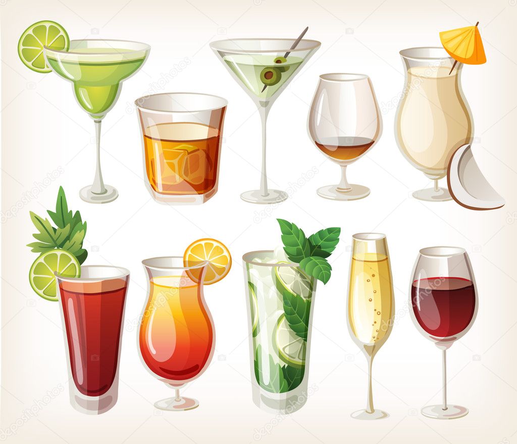 Collection of alcohol coctails and other drinks.