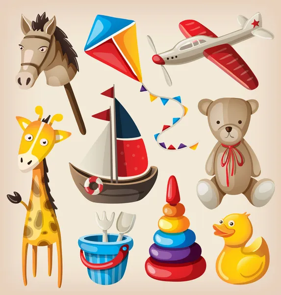 Set di colorati giocattoli vintage per bambini. Grafiche Vettoriali