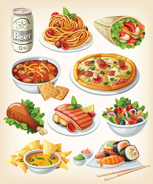 Conjunto de iconos de la comida tradicional . Ilustración De Stock