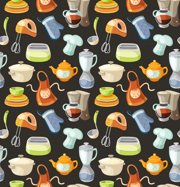 Seamless pattern with kitchen tools and cooking icons. — Stock Vector