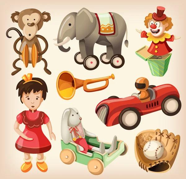 Set van kleurrijke vintage speelgoed voor kinderen. — Stockvector