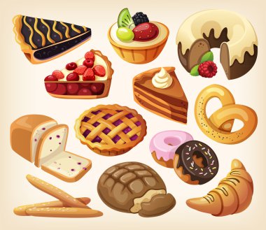 Set of pies and flour products from bakery or pastry shop clipart