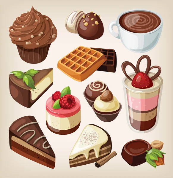 Conjunto de doces de chocolate, bolos e outros alimentos de chocolate — Vetor de Stock