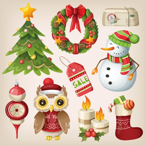 Набор рождественских предметов и персонажей — стоковый вектор