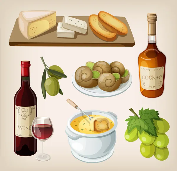 Conjunto de bebidas e aperitivos tradicionais franceses — Vetor de Stock