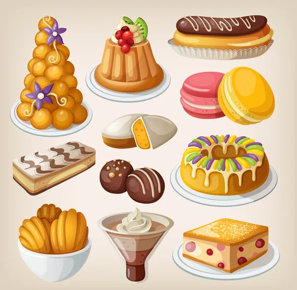 Conjunto de postres franceses tradicionales — Vector de stock