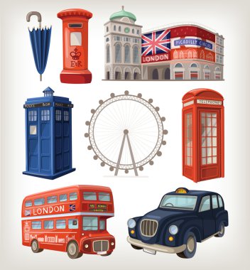 Famous London sights and retro elements of city architecture clipart