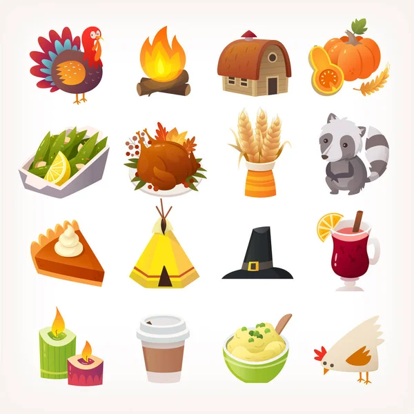 Ensemble Icônes Images Jour Thanksgiving Animaux Nourriture Nature Maisons Illustrations — Image vectorielle