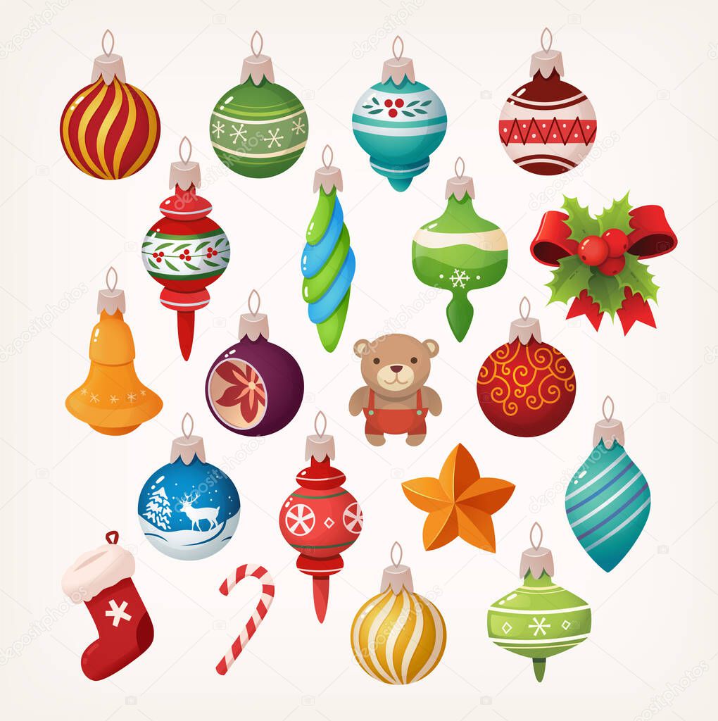 Big collection of vintage Christmas balls bear toy golden star and fireplace decorations and ornaments for Christmas tree and home. Isolated vector icons and stickers images.