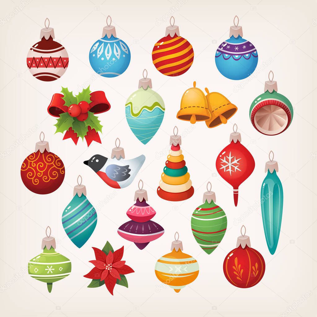 Big collection of vintage Christmas balls bells icicles and floral decorations and ornaments for Christmas tree and home. Isolated vector icons and stickers images.