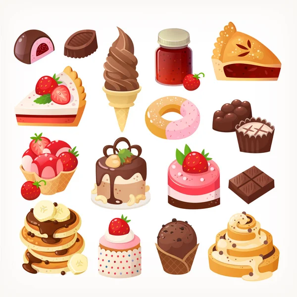 Desserts Pâtisserie Pâtisserie Vanille Chocolat Aux Fraises Confitures Sundaes Vector — Image vectorielle