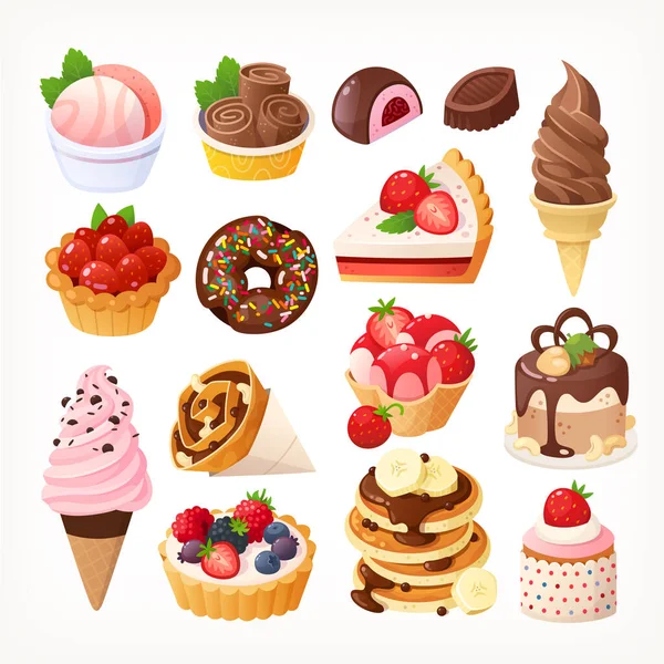 Ijs Bakkerij Gebak Desserts Met Chocolade Vanille Aardbeien Smaken Jam — Stockvector