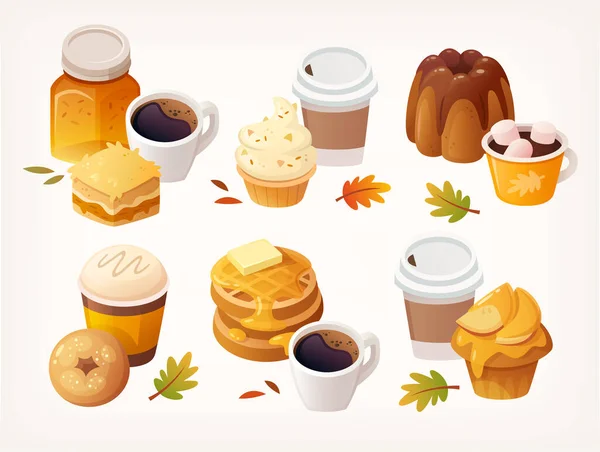 おいしい秋のデザートのイメージのセット アップルハニージャムとチョコレートのお菓子 ケーキとホットドリンク 分離されたカラフルなベクトル画像 — ストックベクタ