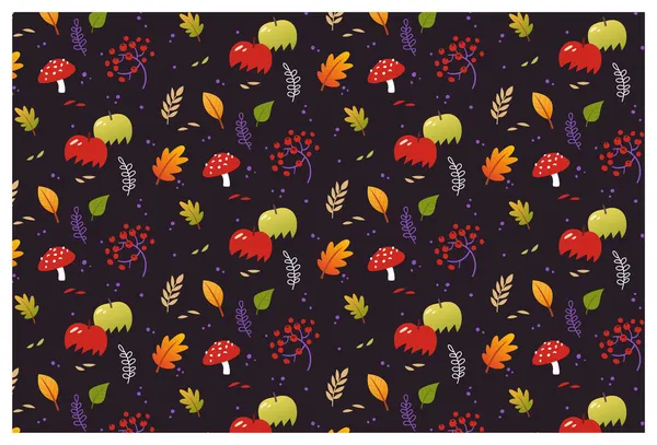 Vector Autumn Nature Seamless Pattern Plants Leaves Apples Cute Print — Stock Vector