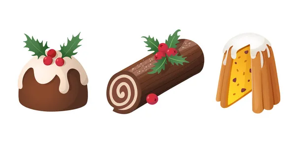 Κλασικά Χριστουγεννιάτικα Γλυκά Πουτίγκα Κέικ Και Πίτα Μεμονωμένες Διανυσματικές Εικόνες — Διανυσματικό Αρχείο