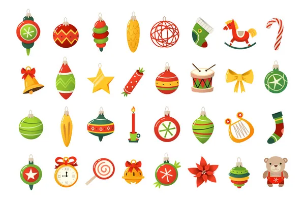 Ensemble Boules Colorées Cloches Bonbons Jouets Autres Ornements Décorations Noël — Image vectorielle