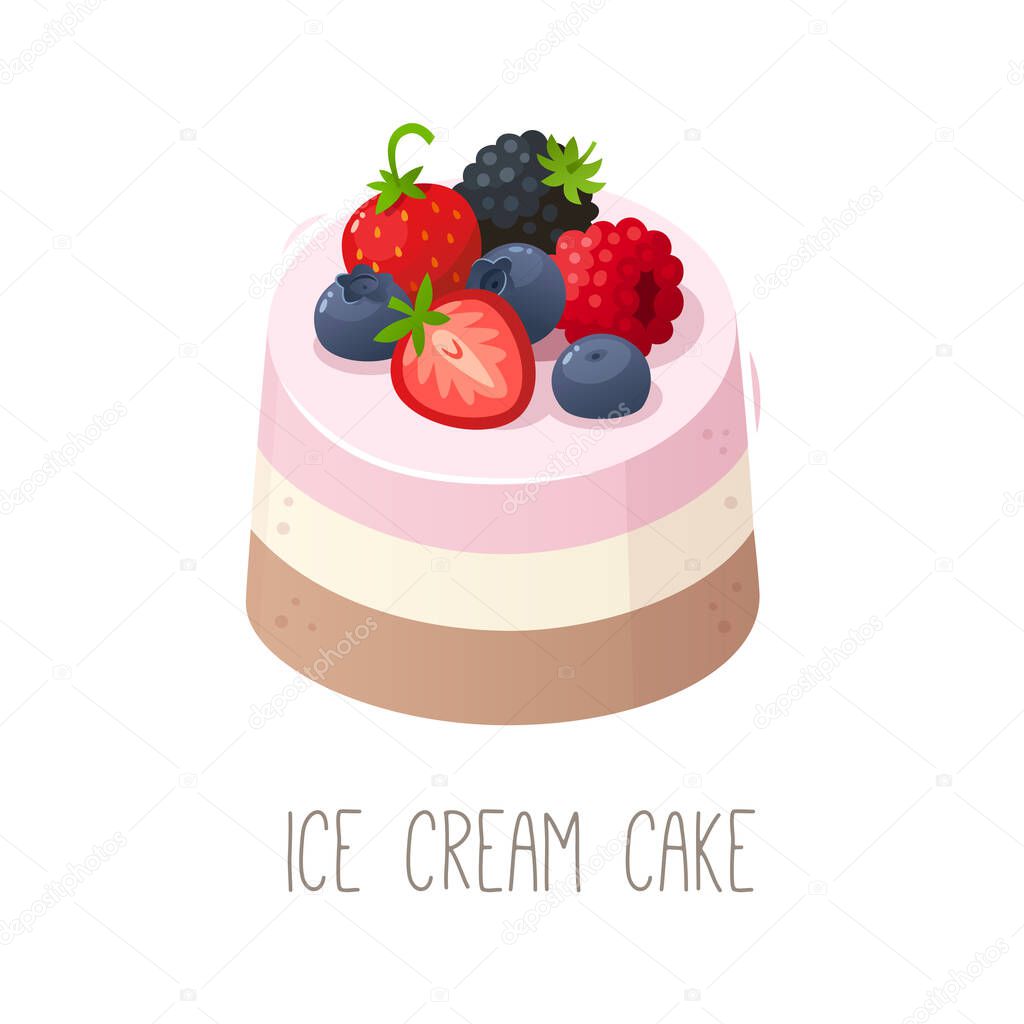 Collection of cakes, pies and desserts for all letters of alphabet. Letter I - ice cream cake. Chocolate strawberry vanilla layered ice cream with fruit topping. Isolated vector illustration