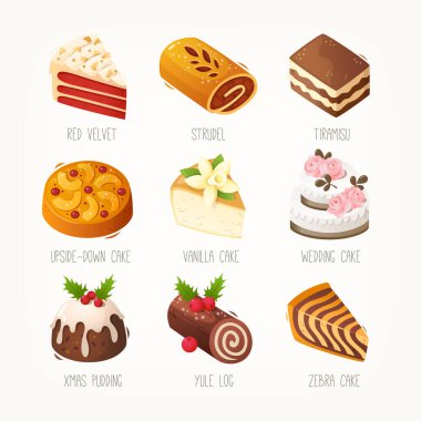 Set of tasty desserts. Slices of traditional holiday pies, cakes, puddings and rolls. Decorated with fruit chocolate and nuts and icing. Multileveled wedding cake. Isolated vector images.