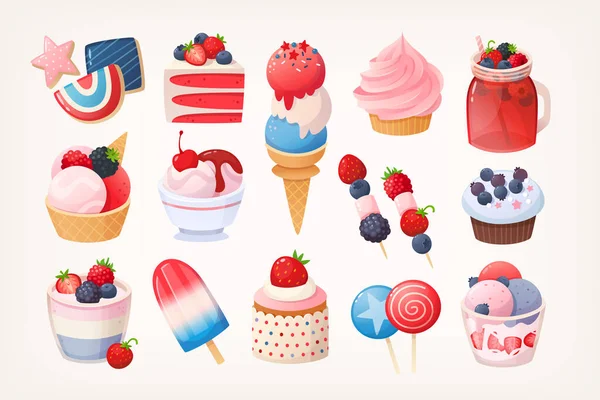 Ensemble Desserts Bleus Rouges Blancs Pour Certaines Fêtes Nationales Illustrations — Image vectorielle