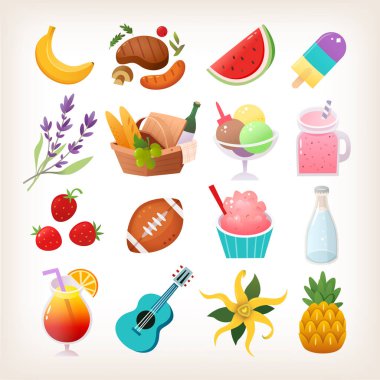 Set of colorful summer picnic icons ice creams fruit and flowers. Items you take to an outdoors party. Isolated vector stickers.
