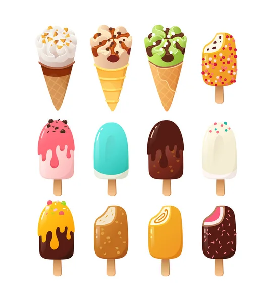 Cartoon Ice Cream Popsicles Various Flavours Icings Toppings Waffle Cones — 图库矢量图片