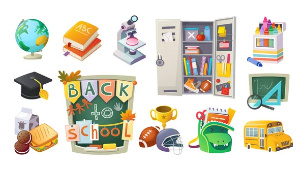 Collection School Items Equipment Study Isolated Vector Icons School Designs — Archivo Imágenes Vectoriales