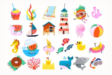 Underwater animals and elements. Beach and pool party images. Summer fun at ocean side. Isolated vector icons and design elements for posters, cards and labels