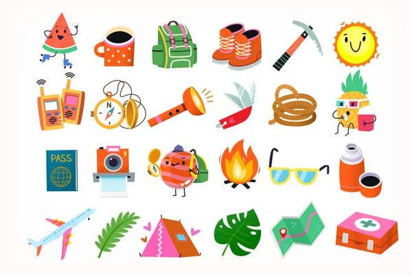 Hiking Camping Elements Equipment Summer Sports Fun Isolated Vector Icons —  Vetores de Stock