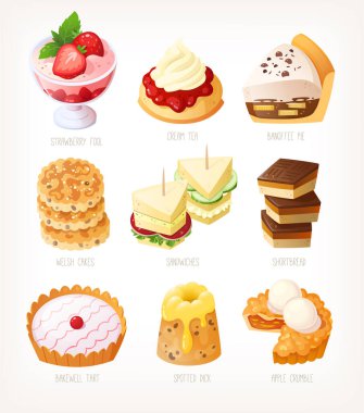 Collection of classic traditional British desserts with names: tarts, cakes, sandwiches for afternoon cake. Isolated vector images, tasty menu illustrations