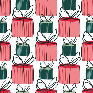 el - çizilmiş Noel hediyeleri ve yağan kar ile Seamless Modeli