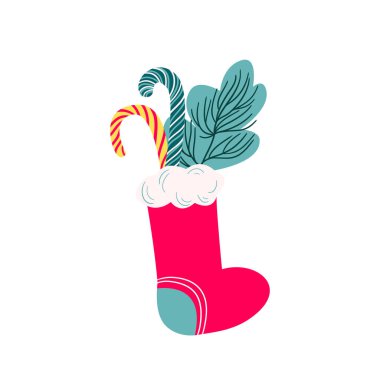 Hediyeli kırmızı Noel çizmesi, şeker, Noel ağacı dalı