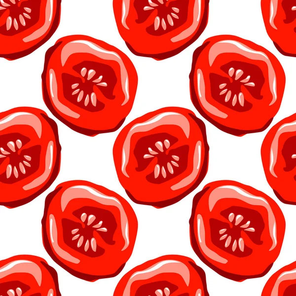 Červená rajčata bezešvé vzor v kresleném stylu na bílém pozadí. Vektorová ilustrace se zeleninou pro textil, tkaniny — Stockový vektor