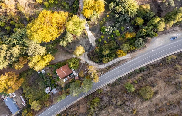 Aereo drone foresta paesaggio con strada in autunno. Troodos Cipro Europa — Foto Stock