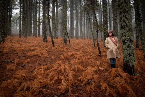 冬に森の中に立つ虫の服の若い女性。トロドス山キプロス — ストック写真