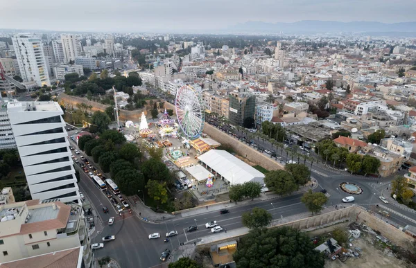 Aerial drone photograph of cityscape of Nicosia in Cyprus at sunset. — Stockfoto