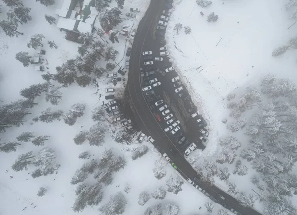 Drone aerial of a car parking on the snowy forest mountain in winter. Wintertime season — Fotografia de Stock
