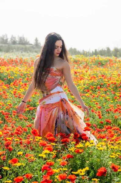 Молодая девушка, длинные волосы счастливы на весеннем маковом поле — стоковое фото