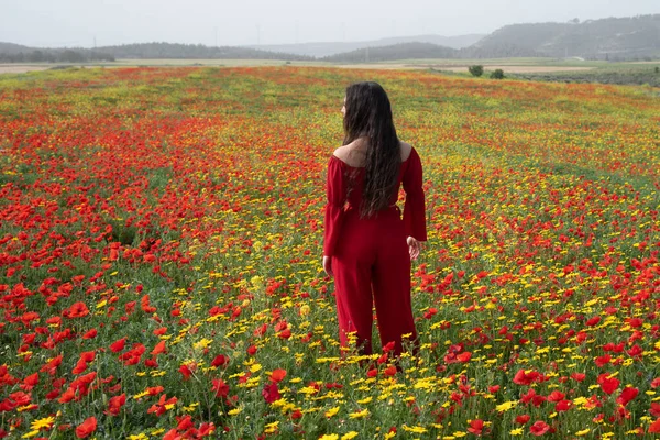 Jovem vestida de vermelho em pé no campo florescente na primavera — Fotografia de Stock
